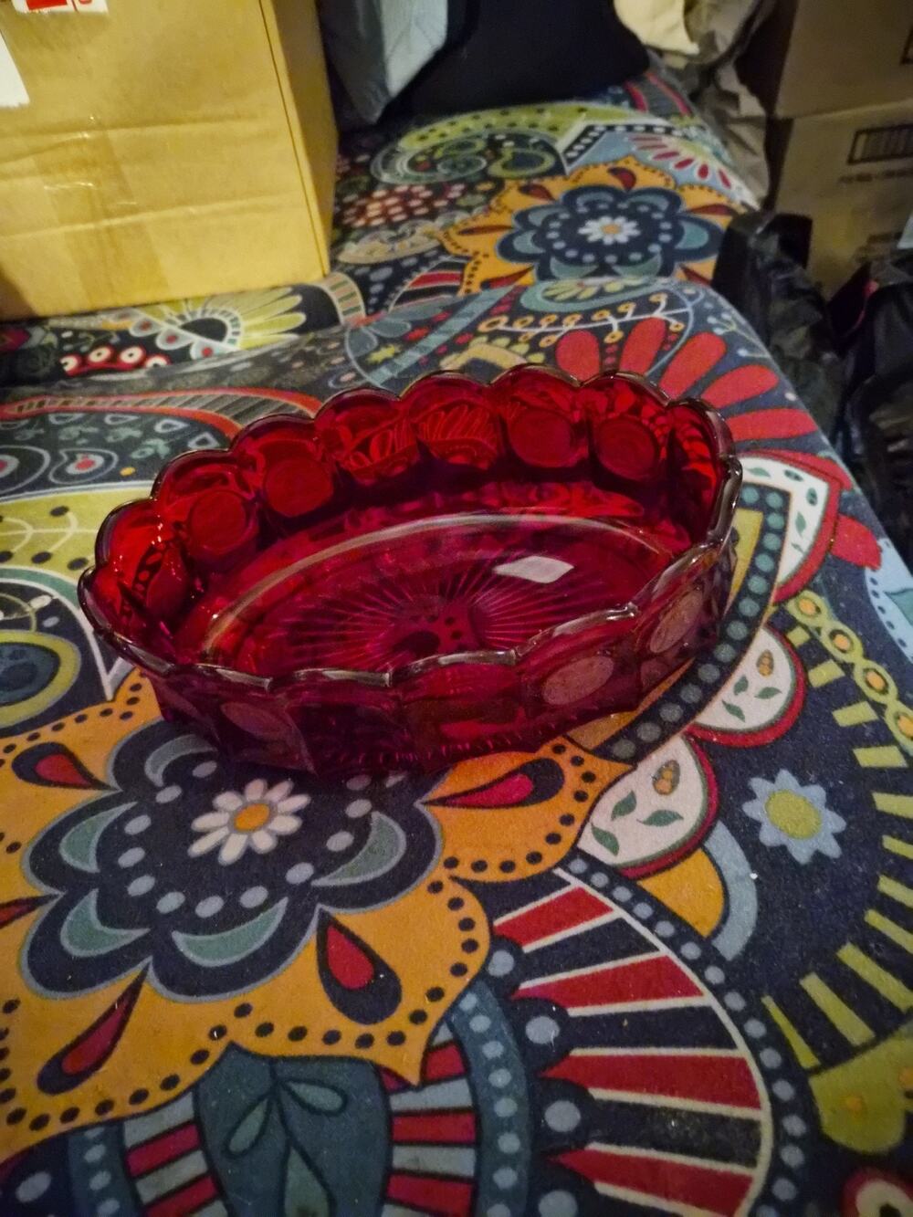 Vintage Fostoria Ruby Red 9" Frosted Coin Glass Oval Bowl